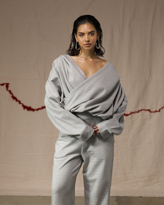Front View of Grey Hooded Wrap Top by Mind Less