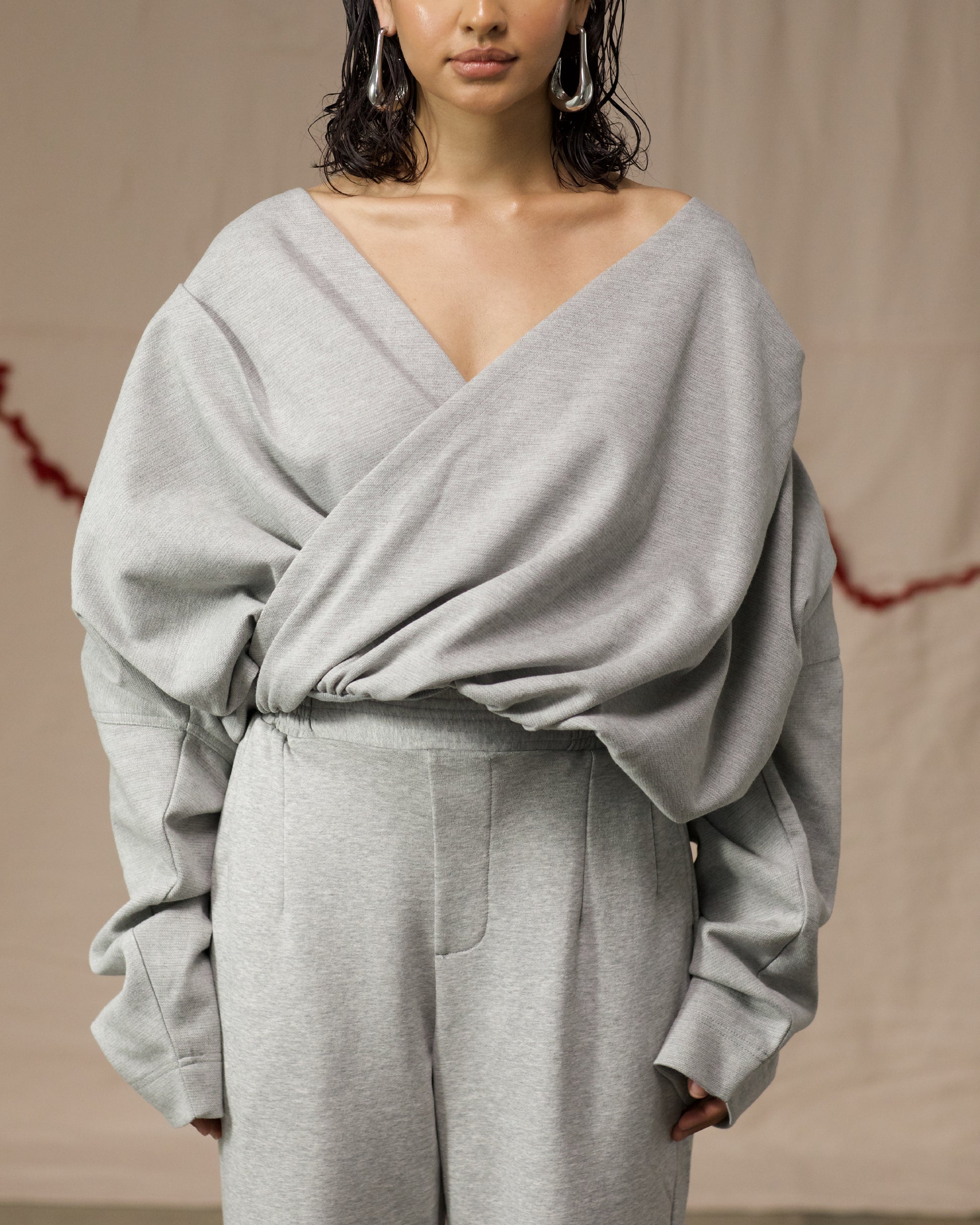 Front View of Grey Hooded Wrap Top by Mind Less