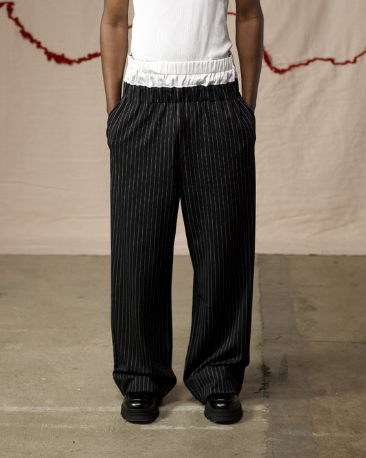 Front View of Pinstripe Duple Trousers by Mind Less