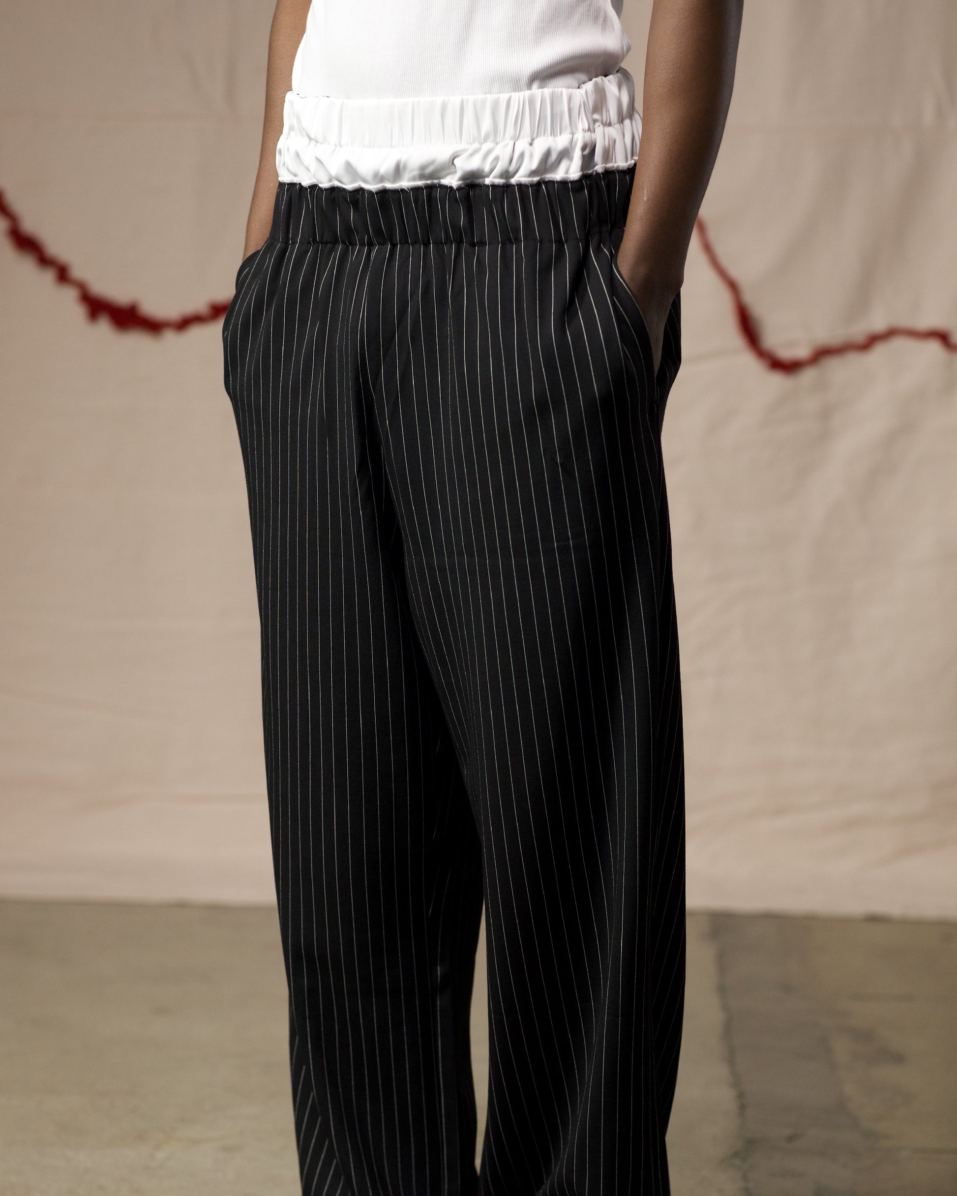 Side View of Pinstripe Duple Trousers by Mind Less